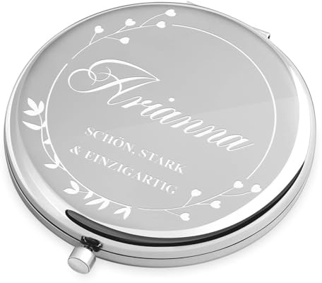 Maverton Kompaktspiegel mit Gravur - Spiegel rund - Doppelspiegel mit Vergrößerung - Reisespiegel für Handtaschen - Geschenke für Frauen - Silber