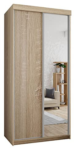 Kleiderschrank Toplo 100 II, Elegantes Schlafzimmerschrank, Spiegel, 100 x 200 x 62 cm, Dielenschrank, Garderobenschrank, Schwebetürenschrank (Sonoma Eiche, mit RGB LED Beleuchtung.)