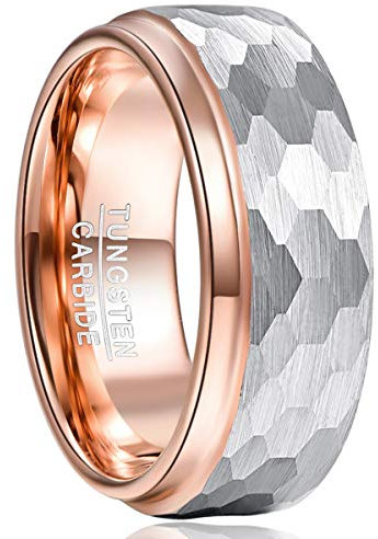 TUNGSTORY 8mm Roségold Wolframcarbid Ring Gehämmertes Design Seitenschritte Überzug Verlobungsring für Herren Damen Komfort Fit Größe 54.4(17.3)