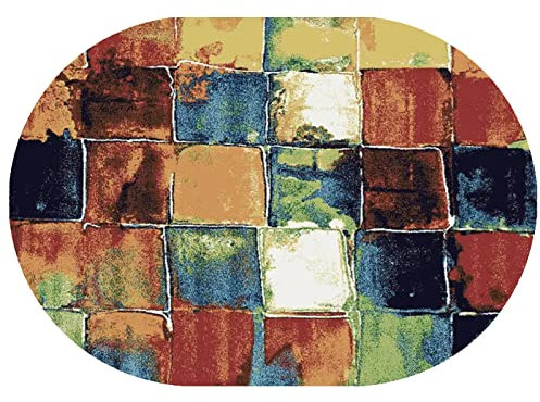 Rururug Teppich Oval Moderner Läufer Orientteppich Kurzflor Flur Schlafzimmer Küche Wohnzimmer rutschfest Waschbar,Rotes, grünes, gelbes und blaues mehrfarbiges, Oval 80 x 150 cm