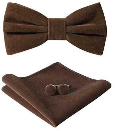 HOULIFE Fliegen-Set für Herren – verstellbare vorgebundene Fliege aus Samt, einfarbig, Einstecktuch, Manschettenknöpfe-Set für Bräutigam, Hochzeit, Party, formell mit Geschenkbox, braun, M