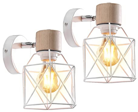 2 piezas Lámpara de pared Interior Industrial Aplique de Pared E27 con Madera Vintage Luz de pared led Metal Adjustable Decoración Iluminación para Sala de Estar Lectura Dormitorio (Blanco-2 piezas)