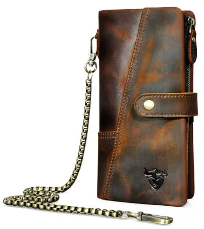 Handadsume Echtleder Crazy Horse Leder Reisen Geschenk Münztasche Kartenetui Lang Organizer Brieftasche Kette RFID Geldbörse mit Snap für Männer männlich 1803 (1803 Braun)