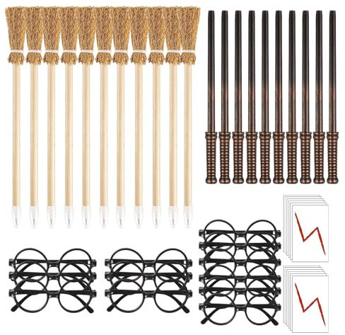 RYAN 48 Pezzi Matite Bacchetta Magica e Scopa Strega Set con Tatuaggi Temporanei di Fulmini Occhiali da Mago Senza Lenti per Halloween Compleanni Feste Cosplay (12 pezzi Ciascuno)