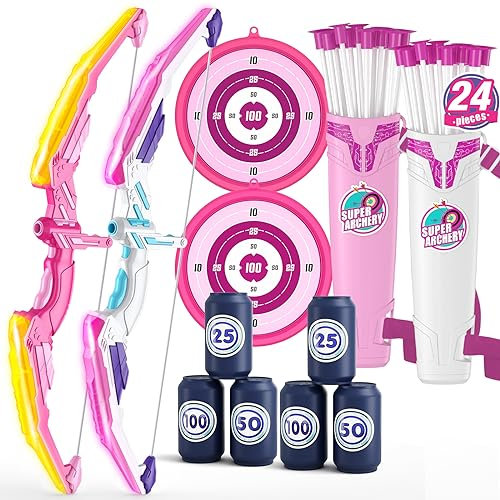 HYES 2 Pack Pfeil und Bogen Spielzeug für Kinder Bogenschießen Set mit 2 Bogen, 24 Saugnapfpfeile, 2 hängendes Ziel, 2 Pfeilhalter & 6 Score Ziele, Indoor Outdoor Spielzeug Geschenk für Jungen Mädchen