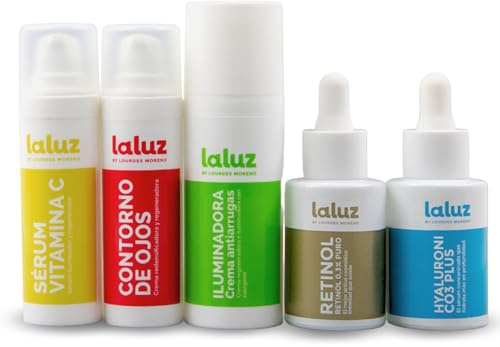 LaLuz by Lourdes Moreno Pack Rutina Facial Antiedad con Retinol 0.3% y Ácido Hialurónico 3 Plus | Skincare Completo Mujer Contorno de Ojos, Sérum Vitamina C y Crema Antiarrugas | Luminosidad y Firmeza