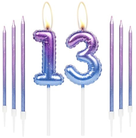 mciskin Set di candele colorate di compleanno,numero 13 candele con 6 candele lunghe viola blu,candele per torta per 13° compleanno,candele per torte per ragazze e ragazzi,decorazioni per feste di