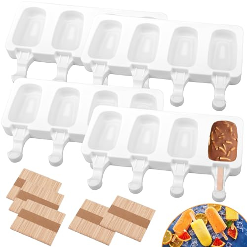 4 Set Silicone Popsicle Molds 4 Cavities Ice Cream Oval Cake Molds with 200 Sticks, Reusable Ice Pop & Cakesicle Mould for Kids, DIY Frozen Treats, Summer Snacks, Parties Favors, Easy Release (White)