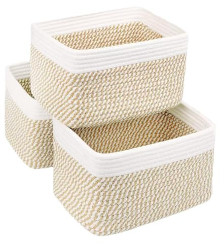R RUNKA Small Cotton Rope Storage Basket Set of 3 - 11x7x7 - Perfect Woven Baskets for Storage, Organizing Toys, Towels, and More - White & Mixed Camel