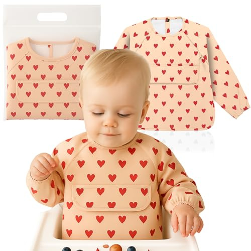 Weakup10®️ Bavoir avec Manches Imperméable | Bavoirs Bébé Imperméables | 6 à 36 Mois | Bavoir BLW | Facile à Nettoyer | Doux et Amusant (Cœur)