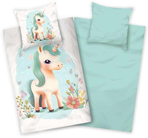 Aminata kids Bettwäsche 135x200 Biber Einhorn-Motiv Kinder Mädchen Baumwolle Türkis YKK Reißverschluss - Pony-Bettwäsche-Set Warm, Weich & Kuschelig - Flanell Tier-Motiv