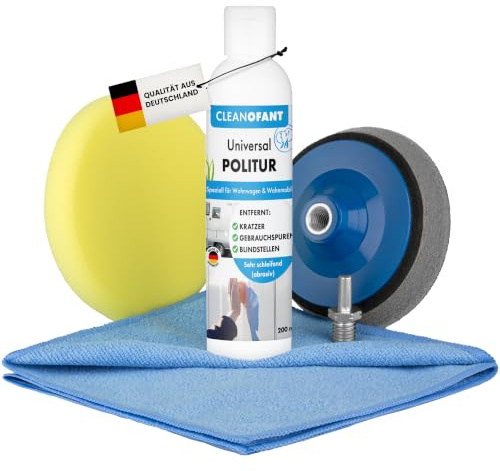 CLEANOFANT Universal POLITUR Set für Akku-Schrauber & Bohrmaschine | Polierset für Wohnwagen & Wohnmobil - Inkl. Adapter, Polierteller, Pad & Poliertuch - Entfernt Kratzer & Gebrauchsspuren