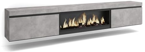 Skraut Home | Mueble TV | Televisión | Muebles de salón, almacenaje | 267x45x35 cm | para TV Gran Formato | Chimenea eléctrica XXL | Colgado, Suspendido | Estilo Moderno | Cemento