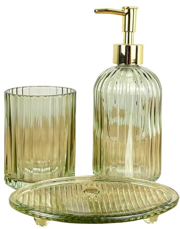 3 Piece Green Ribbed Glass Bathroom Sink Accessories Set Liquid Soap Lotion Dispenser Tumbler/Toothbrush Holder Cup Oval Soap Dish