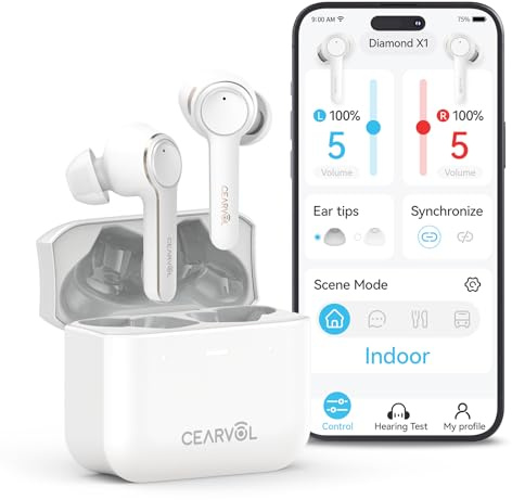 Cearvol Diamond X1 OTC Hearing Aids with Bluetooth Rechargeable App Control Noise Reduction Long Battery Life Comfort Fit for Mild to Moderate Hearing Loss, White