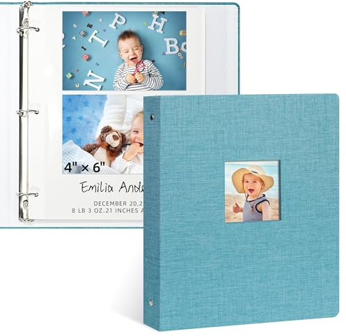 Vienrose Album Photo Adhésif, 3 Anneaux, Couverture Lin, 20 Feuilles/40 Pages, pour Photos 10x15, 13x18, 18x24 cm (Bleu)