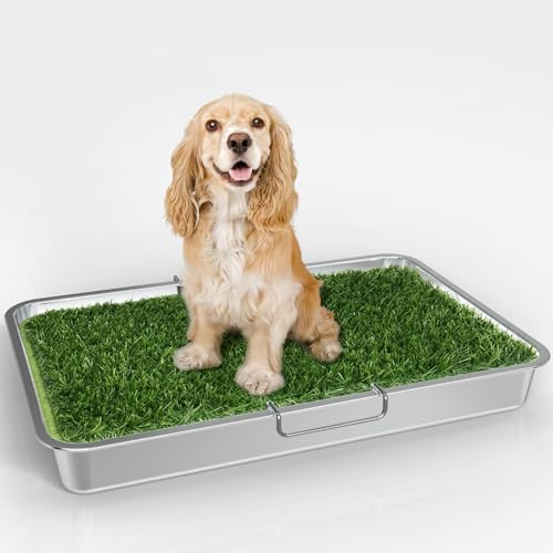 Almohadilla de césped para perros con bandeja, almohadilla de césped para perros de 24 x 17.7 pulgadas, bandeja y rejilla de acero inoxidable, 2 alfombrillas de césped artificial de repuesto y 2