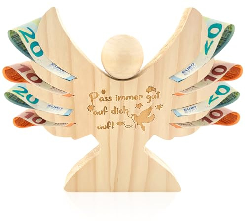 Lets Joy Holzengel mit Gravur zur Taufe, Geldgeschenk zur Taufe Kommunion, Pass Immer Gut auf Dich auf Holzengel, Holzengel Kommunion Taufdekoration, Konfirmations Deko Geschenke für Mädchen Junge