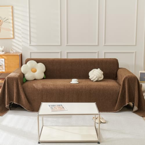 TAOTAOGO Sofaüberzug für 2/3 Sitzer, L-förmige Ecksofas, Fischgrätmuster Einfarbige Chenille Sofa Überwurfdecke, Waschbar Sofaüberwurf, Couchüberzug mit Quasten B Kaffee 180x300cm
