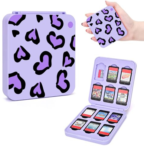 DLseego Custodia per Schede di Gioco per Switch/Switch OLED/Lite, Scatola Portaoggetti con Stampa Leopardata d'amore con 12 Schede di Gioco e 12 Slot per Schede Micro SD,Viola