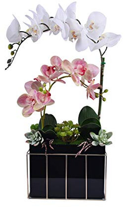 Fiori artificiali Fiori di orchidea per la decorazione - Eleganti orchidee Phalaenopsis Bonsai in vaso di vetro Piante di orchidee finte con foglie Piante di simulazione per casa/ufficio/salotto Flo