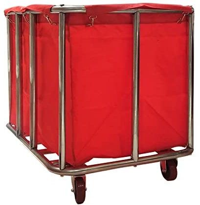 PYCJNFC Kommerzieller Wäschewagen mit großer Kapazität und Rädern, robuster Wäschekorb aus Edelstahl, Abnehmbarer, wasserdichter Korb mit Canvas-Futter, Rot, 10 Tube