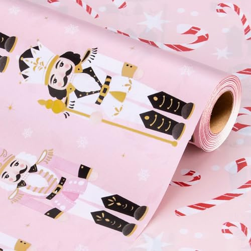 Wikadlik Wendbares Weihnachts-Geschenkpapier, 43 cm x 10 m, Nussknacker, Zuckerstangen-Design, rosa Geschenkpapier