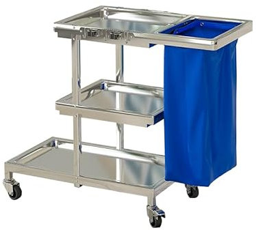TRGCJGH Profi Reinigungswagen mit extra groß Tasche,3 Ebenen Putzwagen Edelstahl，Hausmeisterwagen Reinigungswagen, mit Müllsack 65L(M,Blue)