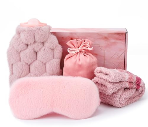 dusaniyali Wärmflasche mit Bezug Flauschig Socken Damen und Schlafmaske 500ml Wärmeflasche Handwärmer für Erwachsene&Kinder Winter Geburtstag Geschenk für Frauen Mama Oma Freundin Lehrer Mädchen
