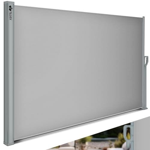 tillvex® Seitenmarkise ausziehbar & Blickdicht | Sichtschutz für Balkon, Garten & Terrasse | Seitenrollo mit Wandhalterung | Sonnenschutz aus rostfreiem Stahl | Markise (Grau, 160 x 400 cm)
