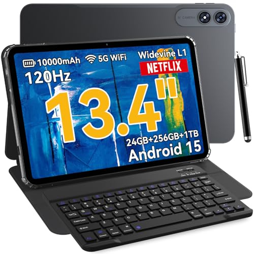 VekfulPC 13.4 inch Android 15 Tablets with Keyboard and Pen, 13 inch Large Screen Tablet with Gemini AI for Gaming, 24GB RAM+256GB ROM, 120Hz,10000mAh，Octa-Core,with Case and Pen