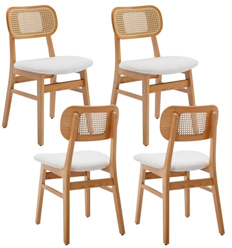 chairus Esszimmerstühle 4er Set Holz, Küchenstühle Kunstfell&Rattan, Beige | Esszimmerstuhle Holz Polsterstuhl, Holzstuhle Akzentstühle mit Rattan Rückenlehne für Küche Wohnzimmer Esszimmer