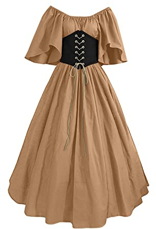 Vestido Corsé Mujer Medievales Disfraz Retro Cuello Cuadrado Vestido de Fiesto Elegante Traje Medieval Gotico Tallas Grandes Vestidos Manga de Campana Disfraces Cosplay para Halloween (03-Khaki, S)