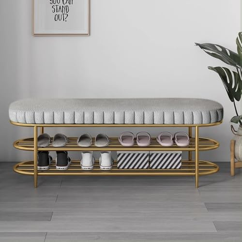 Gepolsterte Schuhbank mit Stauraum, stilvolle Eingangsmöbel, goldfarbener Metall-Akzent, perfekt für kleine Räume, Schlafzimmer oder Flur, Schuhregal, Ende der Bettbank.