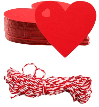 Wellrun 100pcs Kraft Paper Heart Tags,Red Love Label Tag with 10m Twine,Blank Labels for Valentine's Day,Mother's Day,Wedding,Thanksgiving,Birthday