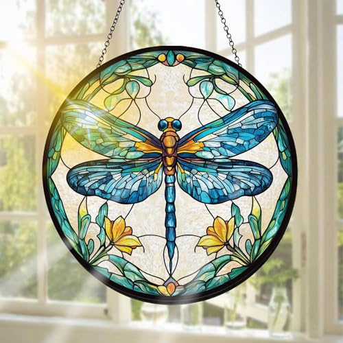 Pavemlo Libelle Buntglas Sonnenfänger Fensterschmuck hängend Tiere – Handgefertigter Sonnenfänger als Dekoration für Garten, Fenster, Innen- und Außenbereich, Weihnachten Party, 20 x 20 cm
