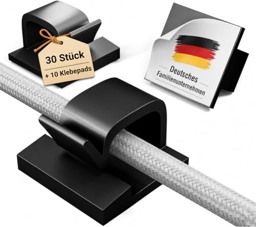 Kabelhalter selbstklebend 30 Stück inkl. 10 Ersatzpads – Schwarz | Geeignet für Kabel bis 6 mm – Kabelclips selbstklebend für saubere Kabelführung, ideal für Schreibtisch, Büro & Zuhause