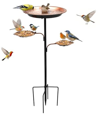 Cyiecw 93cm Vogeltränke Stehend, Vogelbad Gartendeko für Draußen, 2 in 1 Metall Wasserschale Garten & Futterstation für Vögel, Vogeltränke Winterfest mit Stabiler 5-Zinken-Basis(Antike Bronze)