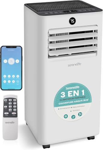 SereneLife Aire Acondicionado Móvil 7000 BTU 2,05 kW - Aire Acondicionado Portátil con Descarga, Ventilador y Deshumidificador, Aire Acondicionado Compacto con Mando a Distancia y Kit Ventana Blanco