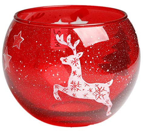 Vase Kugelvase Windlichthalter Glaskugel Leuchtkugel 15 cm handbemalt Motiv Hirsch rot inkl. Geschenkbox