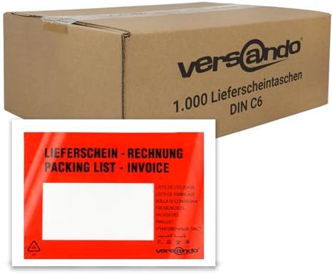 versando 1000 Lieferscheintaschen C6 selbstklebend Dokumententaschen | Begleitpapiertaschen rot/schwarz bedruckt Lieferschein/Rechnung