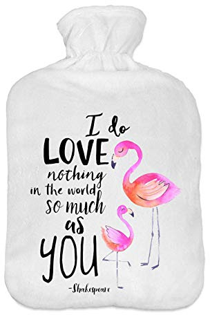 Värmeflaska med pullover överdrag 2 liter sängflaska med vackert fleece-tryck överdrag gummi termosflaska med lock flamingo-kärlek [092]