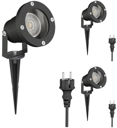 ledscom.de 3x LED Gartenstrahler DUK schwarz mit Erdspieß für außen, Aluminium, inkl. GU10 Lampe 5,473W 468lm 30° warm-weiß