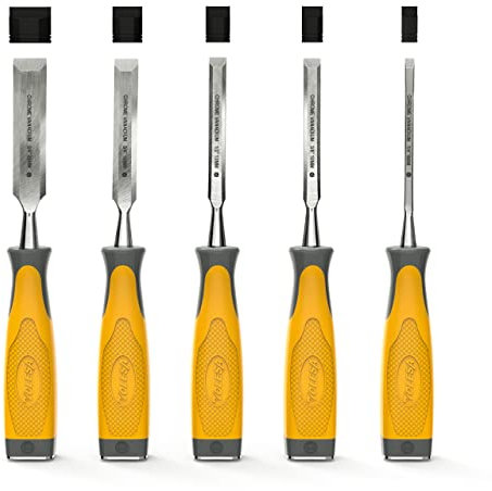 TOLESA Stechbeitel Set Für Holz 5-teilige Cr-V und Soft Grip mit Hammerkopf Holzmeißelsatz für Zimmerei, Holzbearbeitung, Ideales Stechbeitel Set Für Holz Für Anfänger und Profis