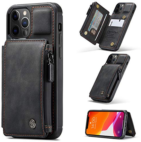 UFinetech Magnetisch 2-in-1 iPhone 12 Pro Max Hülle Tasche Design Dünn Robust TPU Leder Flip Ständer Kartenfach wasserdichte Reißverschluss RFID-Schutz Folie Case Cover iPhone 12 Pro Max 6.7 Elegant