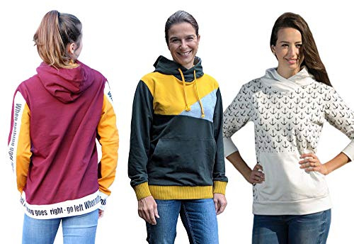 Zierstoff einfach nähen Papierschnittmuster, Sweatshirt, Hoodie mit oder ohne Teilungsnähten David, Gr. 158 bis Damengr. 46