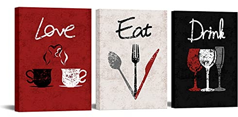 RnnJoile 3 Piece Red Kitchen Decor Love Eat Drink Canvas Wall Art Pictures Set Dinning Room Wall Accessories for Women Her Restaurants Chef Framed 12x16