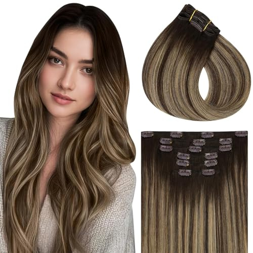 Vivien Clip in Extensions Echthaar Balayage Braun 40 cm Remy Haarverlängerungen Echthaar Clip Ombre Braun bis Honigblond Gerade 120g 7Pcs #4/27/4