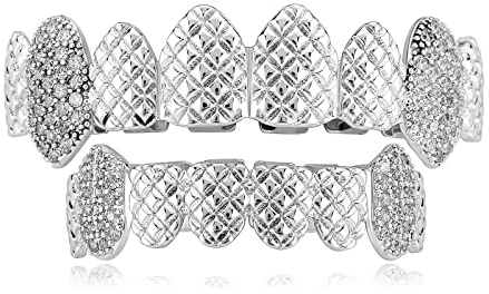 ICEDIAMOND Personality Trend geprägte Reißzähne CZ-Diamant Zähne tragen Grill, vergoldet Hip Hop Iced Out Bling Zirkonia Charm Zahnschmuck für Männer Frauen