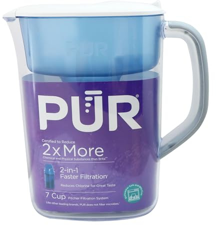 PUR Sistema de filtración de jarra de agua, 7 tazas, transparente/azul | Agua más limpia, de gran sabor, apta para lavavajillas, potente, filtración más rápida, diseño de tapa LockFit